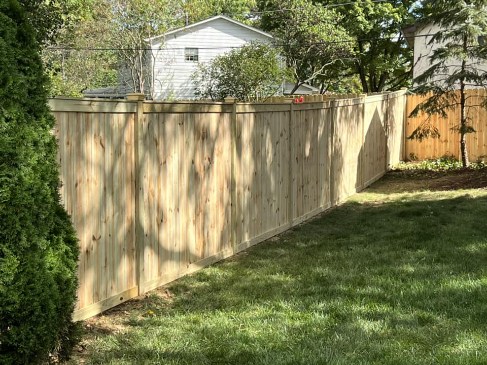 Wooden fence in a backyard with green grass, sunlight, and trees in the background.
