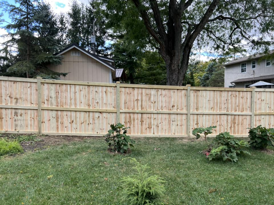Wooden privacy fence in a backyard with green grass and some shrubs.
