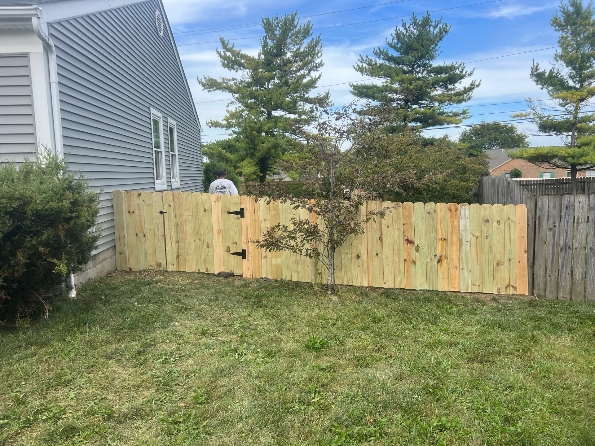Wooden fence with gate in a backyard next to a light gray house, with green grass and trees.