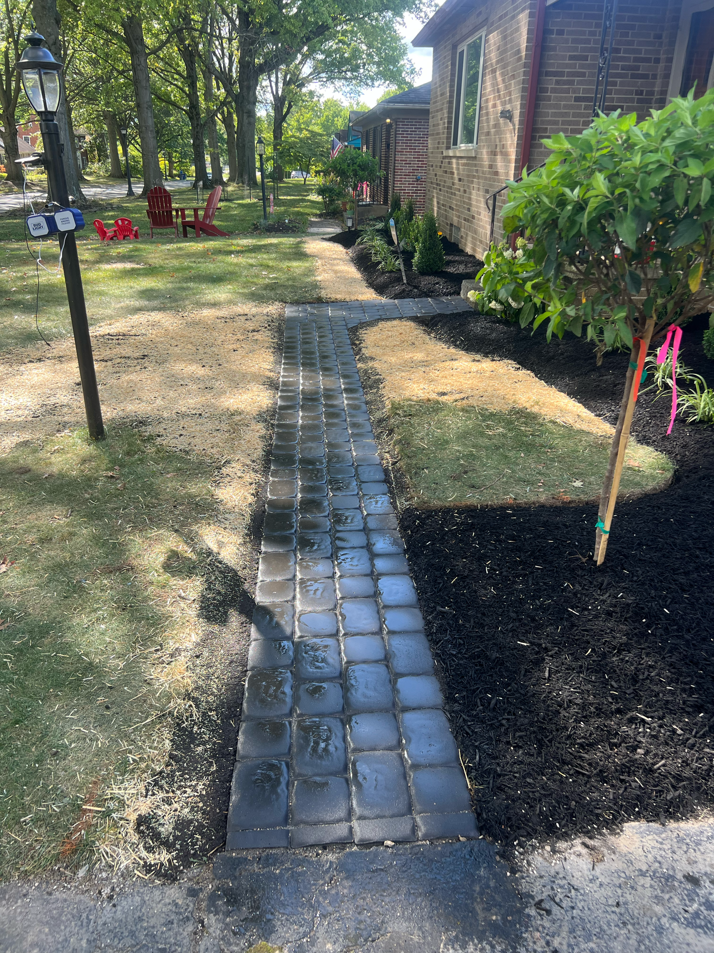 Brick walkway leading from the street to a house. Dark mulch borders the path; trees and lawn are visible.