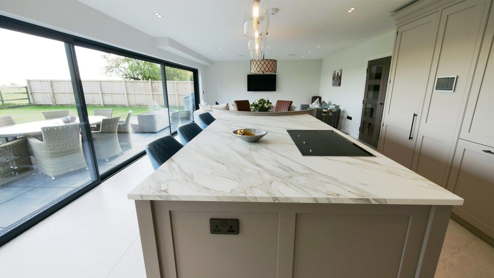 Open plan kitchen and living area in newly built Cheshire home