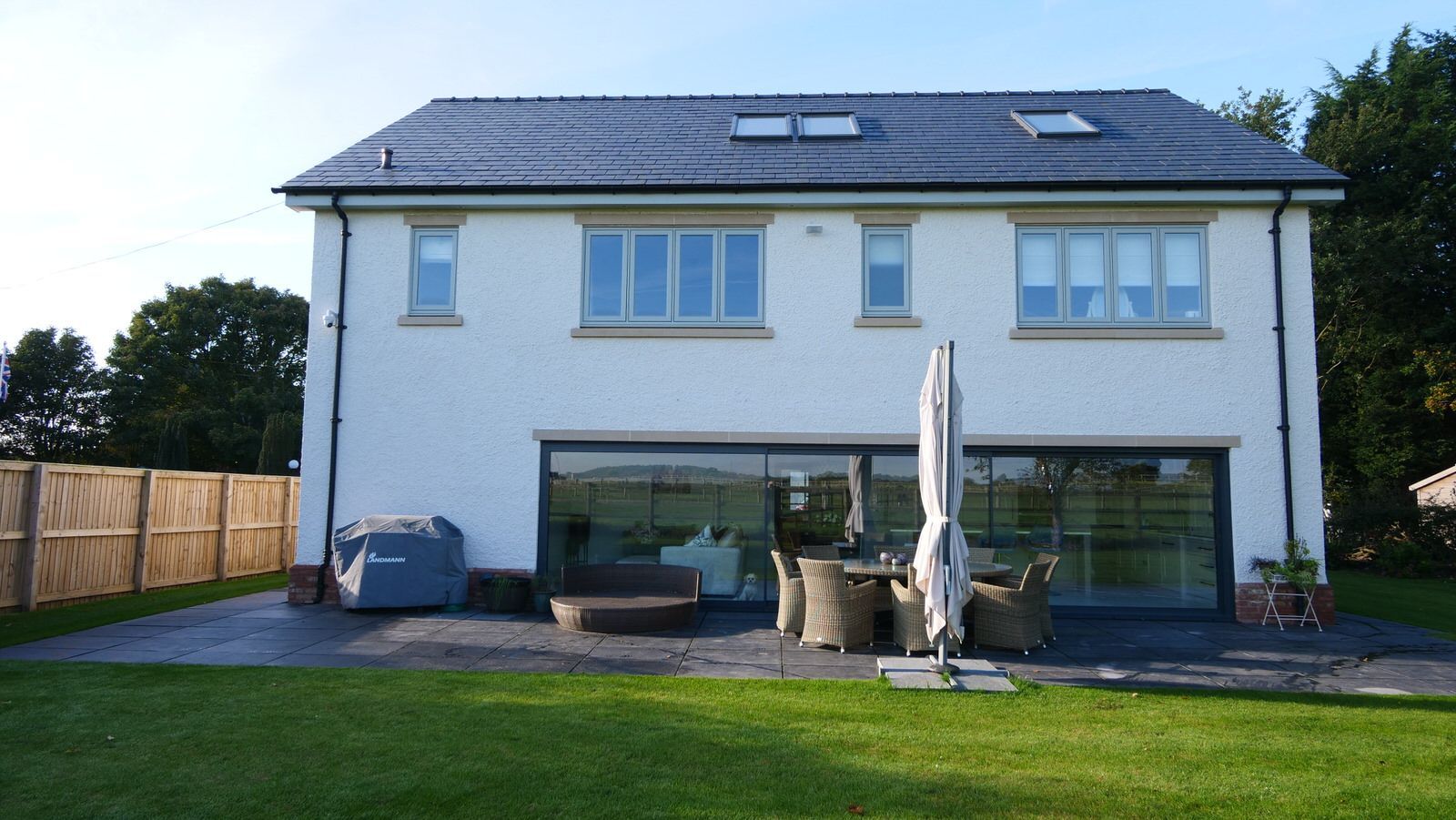 Rear view of newly constructed family home in Cheshire