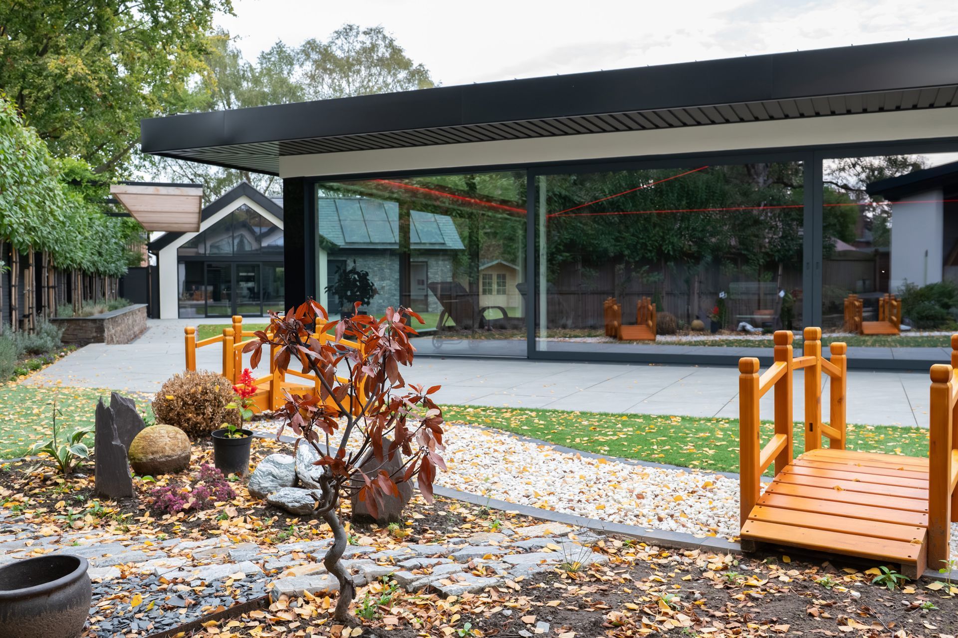 Landscaped gardens surrounding luxury new build home in Sandbach, Cheshire, constructed by Rawlinson Construction