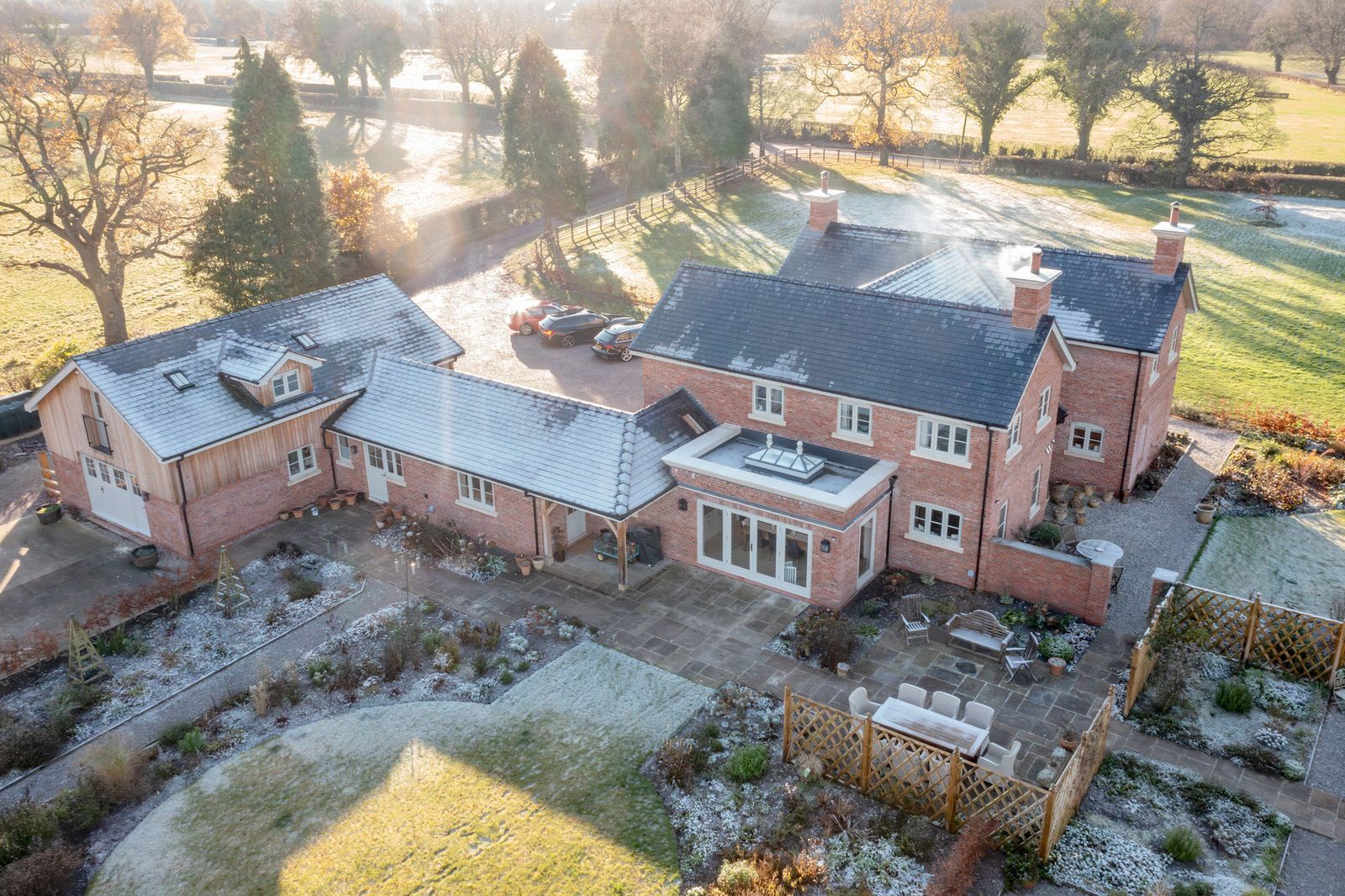 Aerial view of new traditional-style family home in Cheshire
