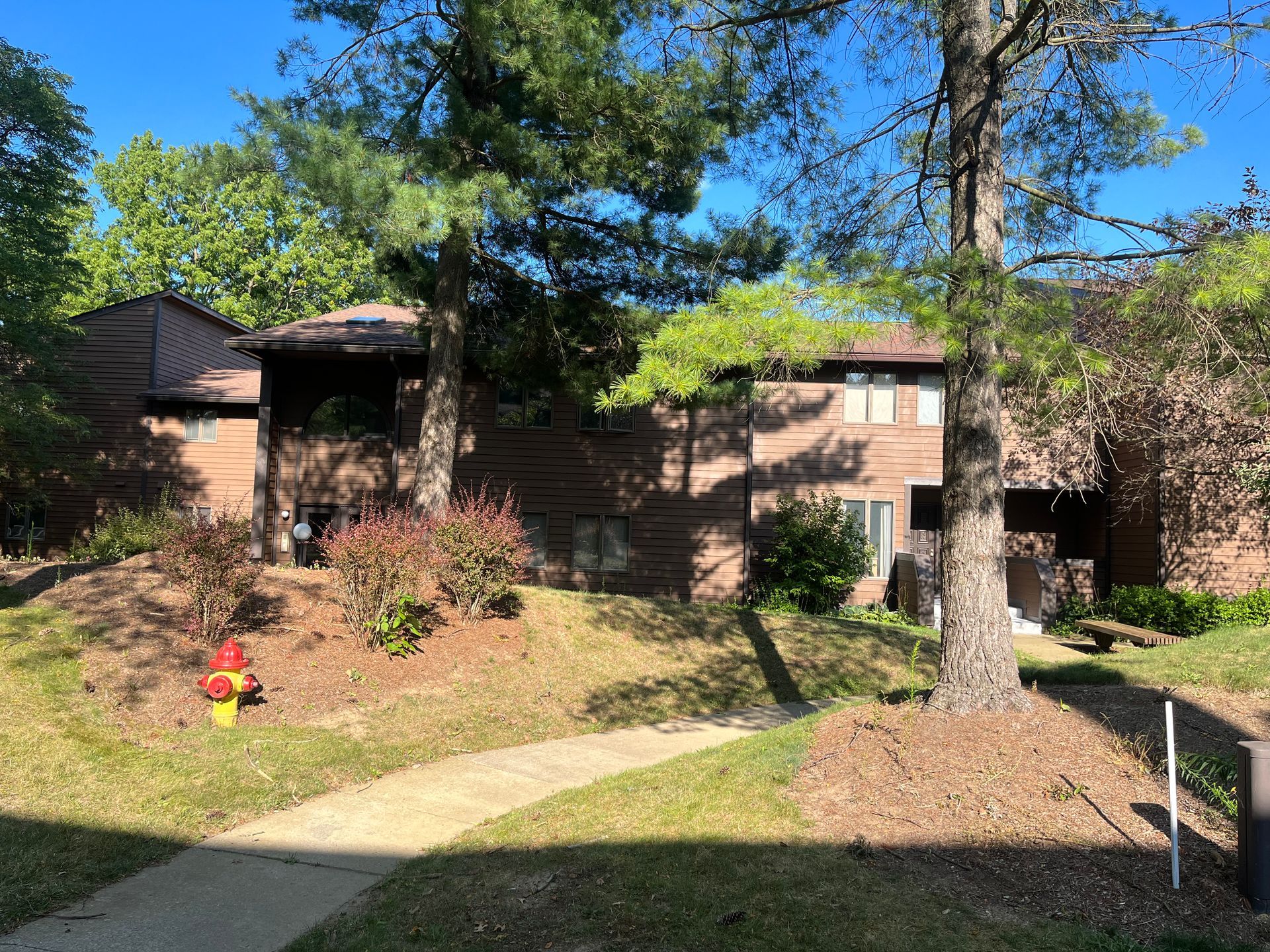 Brown townhouses nestled among trees and shrubs, sunny day. A brick path leads toward the entrance.