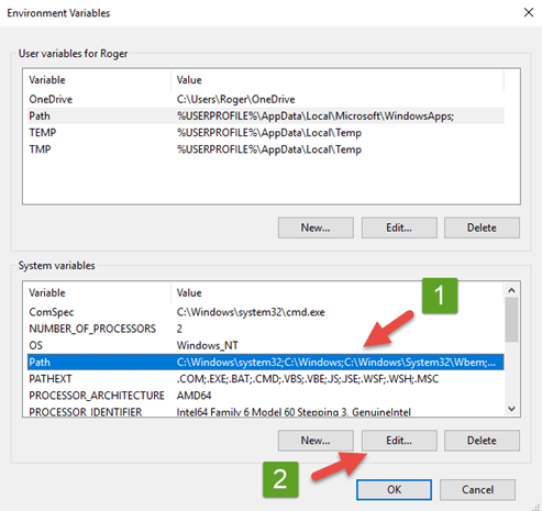 Environment Variables Window