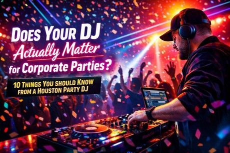 A DJ at a mixing console in a confetti-filled, brightly lit club with text questioning the importance of DJs for events.