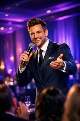 A smiling man in a dark suit speaks into a microphone while gesturing to an audience in a dimly lit, purple-toned room.