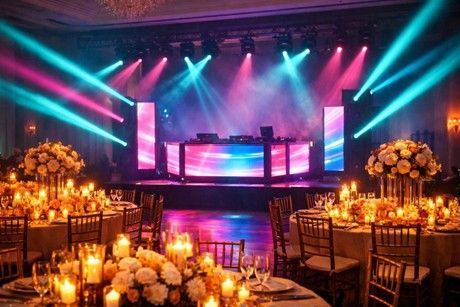 A ballroom stage with a glowing DJ booth and dynamic pink and blue spotlights, framed by tables with floral centerpieces.