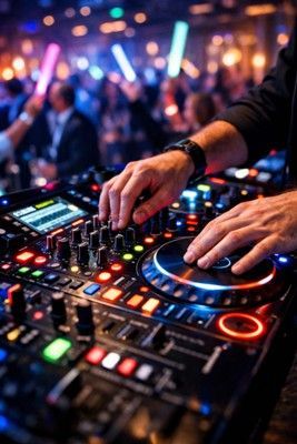 A DJ’s hands adjusting controls on a glowing mixing console at a lively, blurred nightclub event with colorful lights.