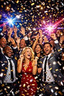 A diverse group of people celebrating at a party with gold confetti falling from above.