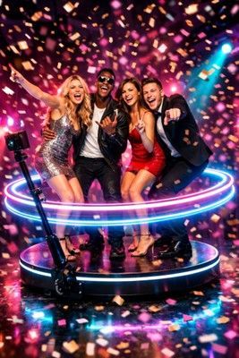 Two women and two men stand on a circular rotating platform, laughing while surrounded by falling confetti.