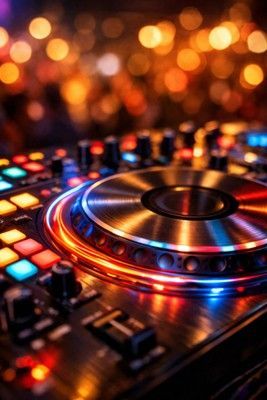 A DJ controller with glowing buttons and a metallic jog wheel set against a backdrop of blurry, golden lights.