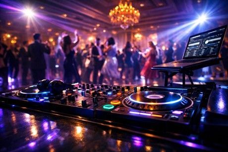 DJ equipment and a laptop in the foreground with a blurred ballroom dance party in the background under purple lighting.