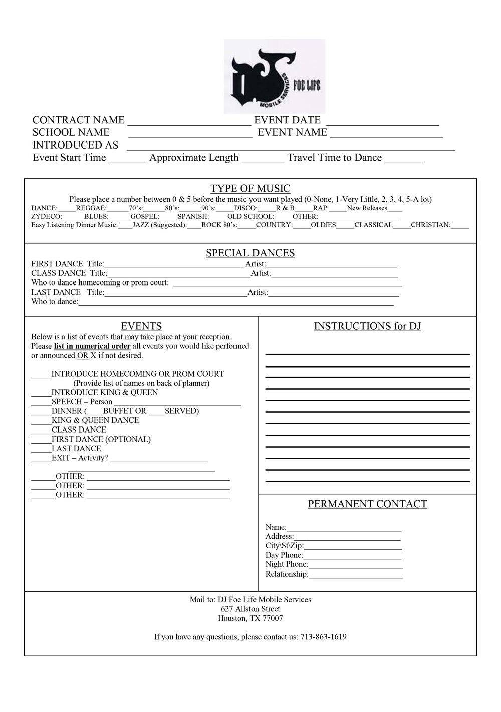 Booking Form For Your School Dance