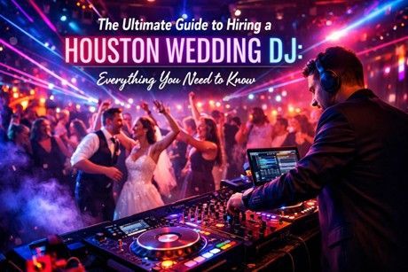 DJ at a wedding reception in Houston. Text overlay: