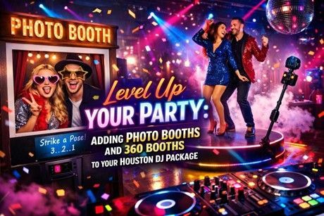 A DJ at a wedding in Houston, with people dancing in a colorful party setting. 