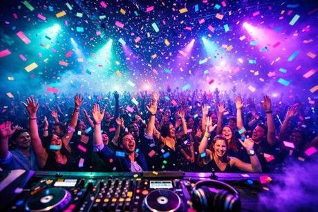 A DJ at a wedding in Houston, with people dancing in a colorful party setting. 