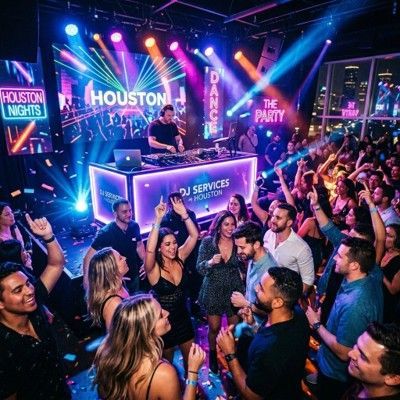 Crowded neon-lit club dance party with DJ on stage and people dancing and cheering