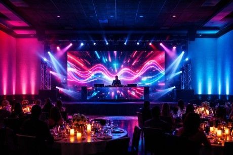 Elegant concert hall with colorful stage lights, LED backdrop, and seated audience at candlelit tables