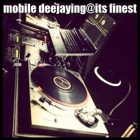 DJ setup: turntable, laptop, mixer, and various electronics in a dark setting. Text reads 