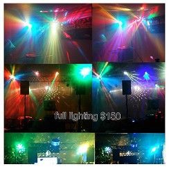 Multi-panel photo shows colorful disco lighting setup for an event; red, blue, green lights.