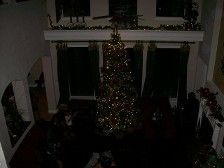 A Christmas tree in a dark room, garland on a ledge above windows.