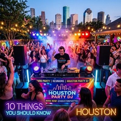 DJ performing at a lively Houston rooftop party with colorful lights and dancing crowd