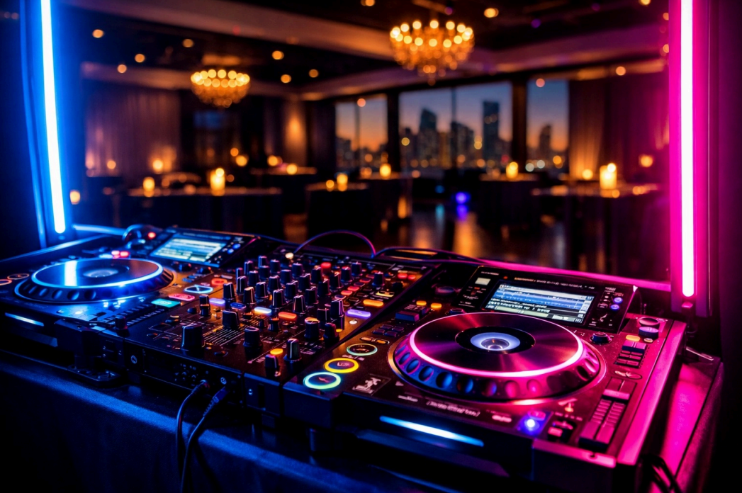 Neon-lit DJ setup with glowing turntables and mixer in a luxury club overlooking a city skyline
