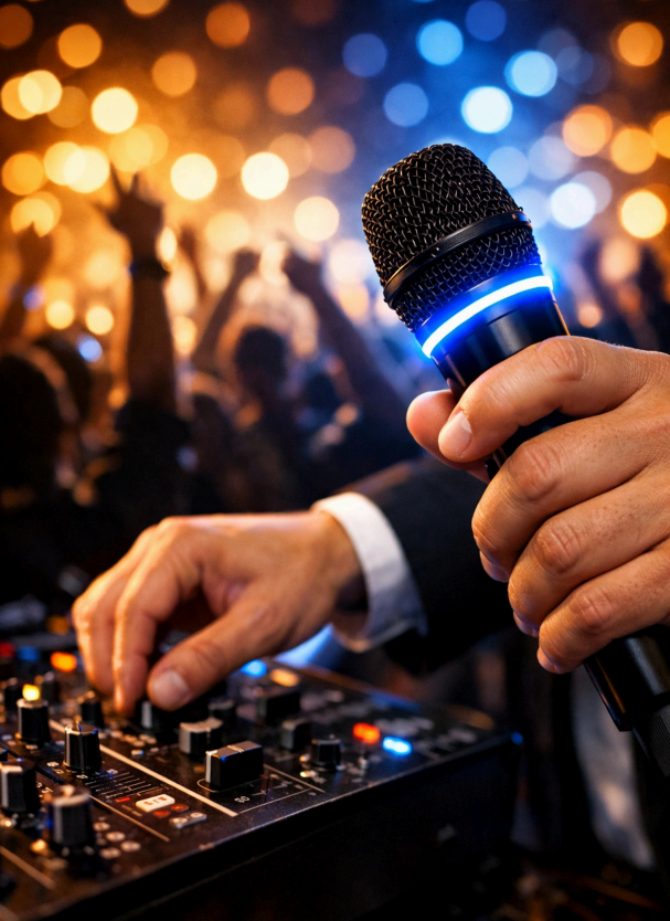 Hand holding a lit microphone beside a sound mixer, with blurred stage lights in the background