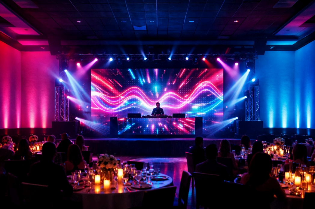 Hand holding a lit microphone beside a sound mixer, with blurred stage lights in the background