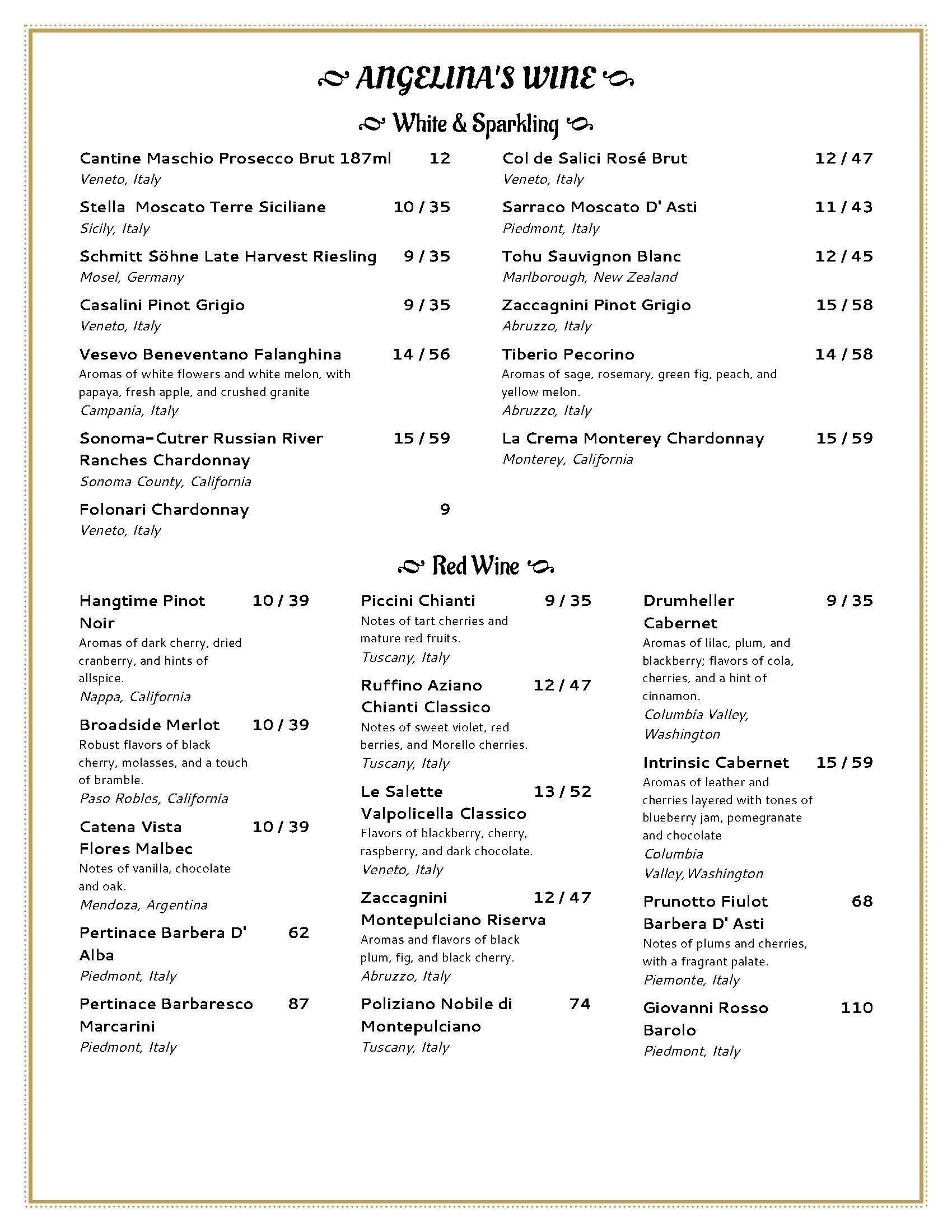 Angelinas Italian Restaurant Drink Menu 5211