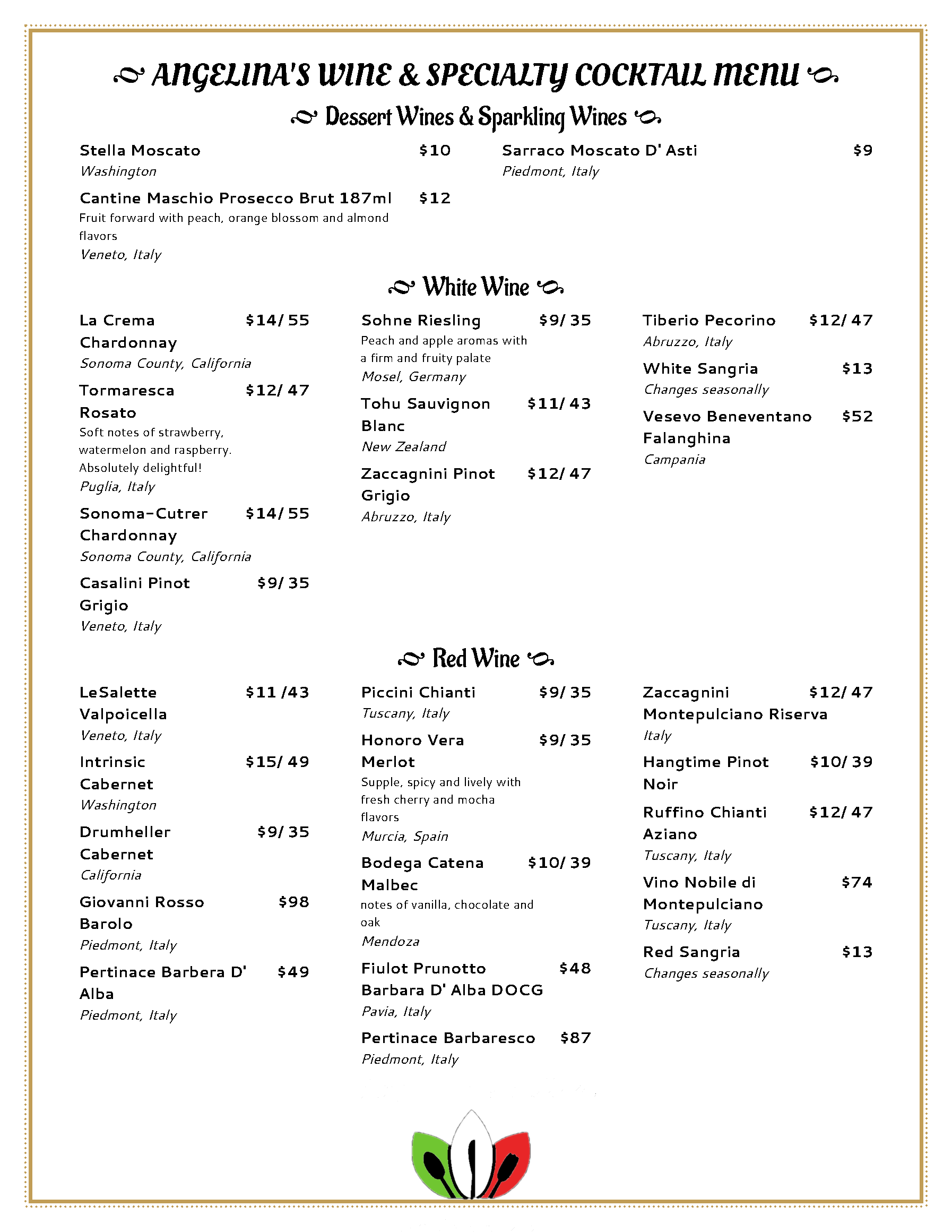 Angelinas Italian Restaurant Drink Menu 4065