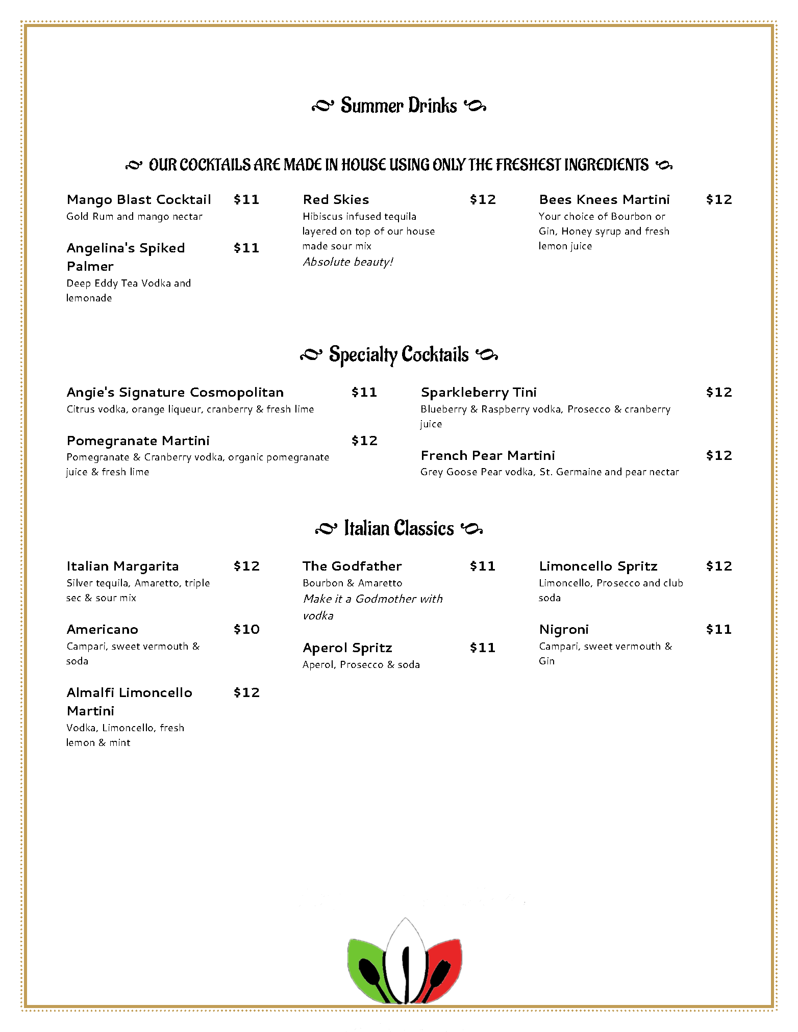 Angelinas Italian Restaurant Drink Menu 0284