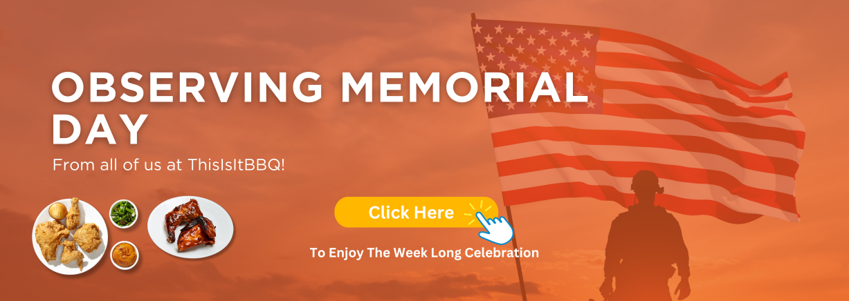 An advertisement for observing memorial day with a man holding an american flag.
