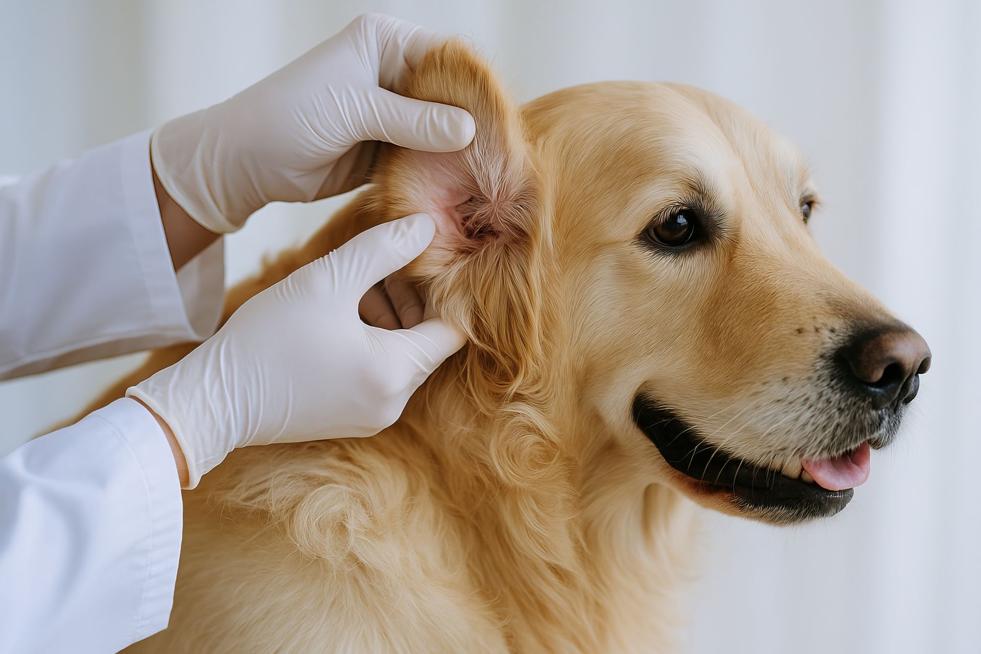 Vet checking golden retriever’s ear during routine pet exam at animal clinic. Vet checking golden retriever’s ear during routine pet exam at animal clinic.