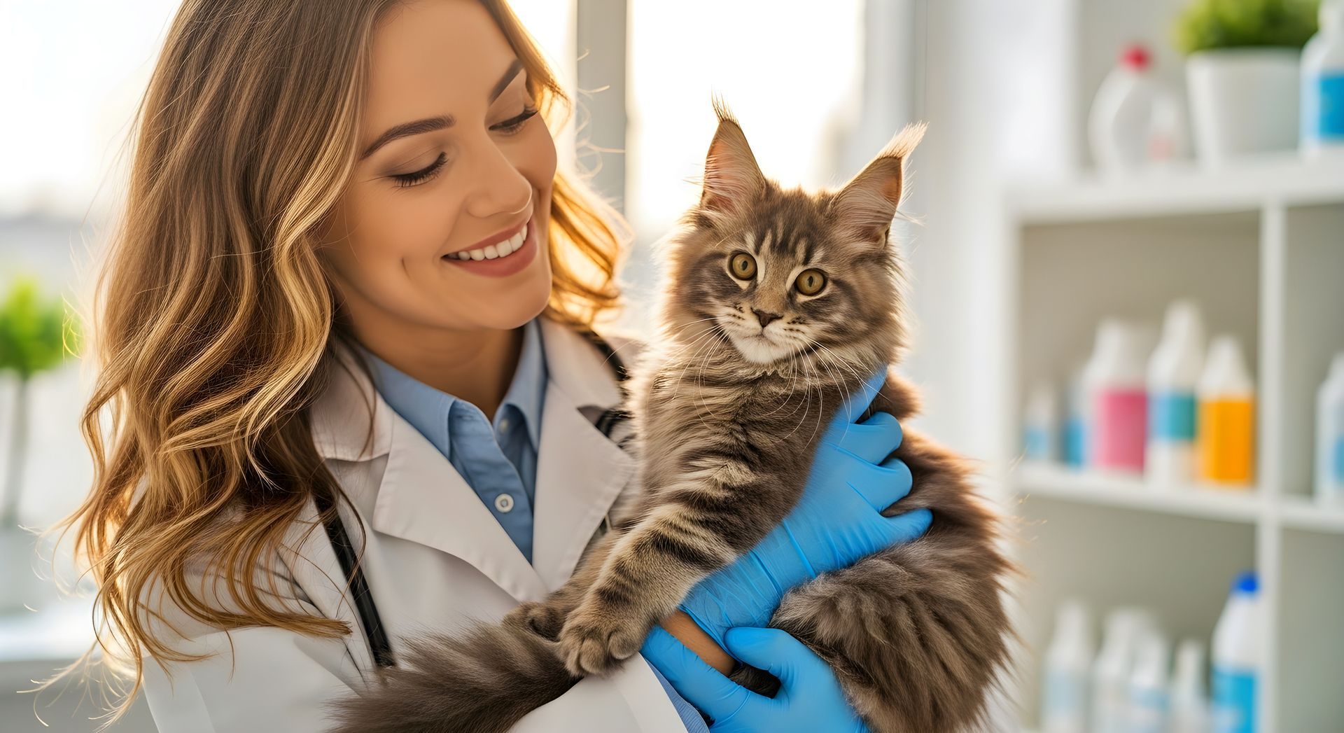 veterinarian holding and examining a fluffy cat during checkup.
