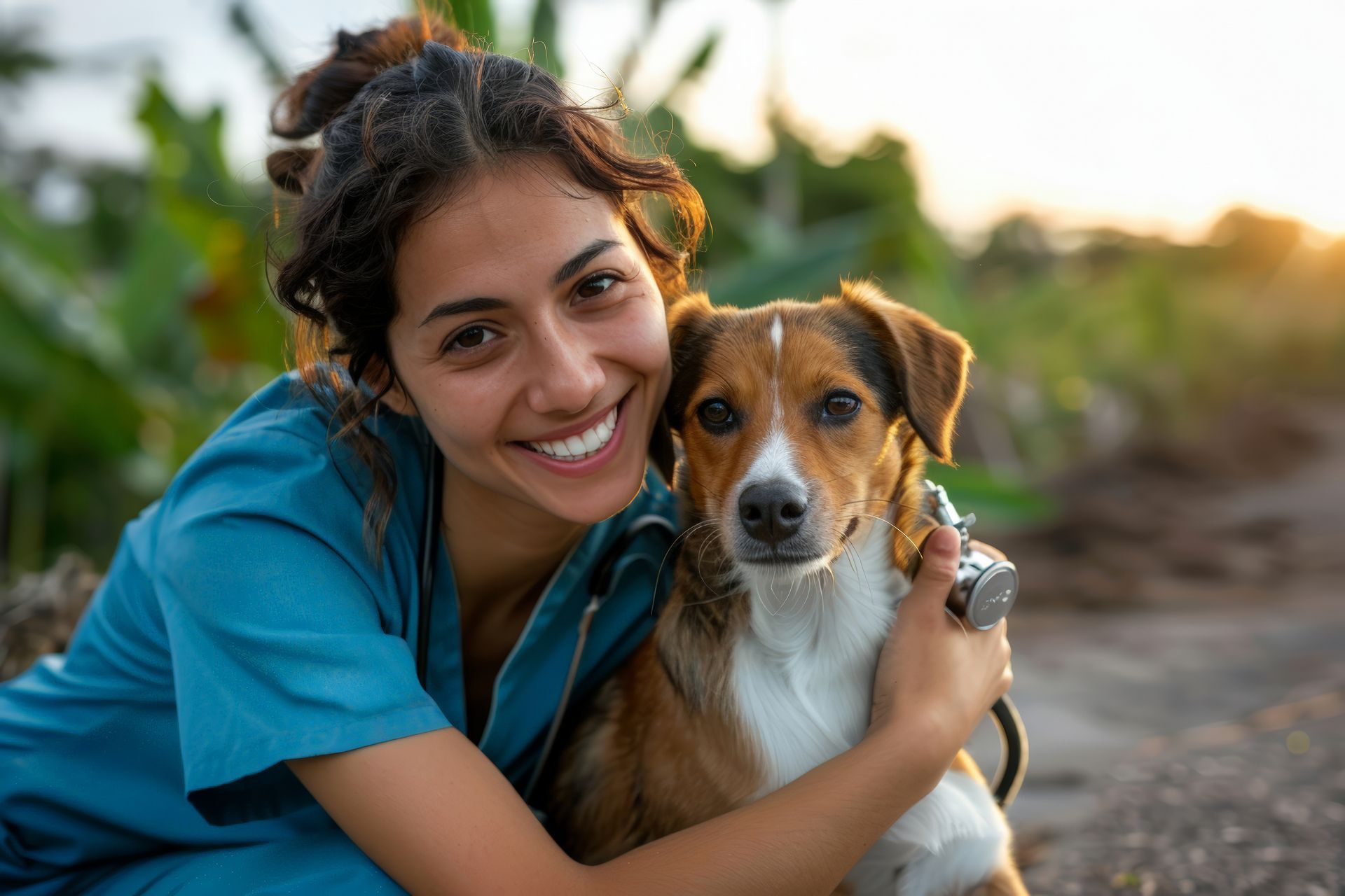 A smiling veterinarian in blue scrubs holding a small brown and white dog outdoors. A smiling veterinarian in blue scrubs holding a small brown and white dog outdoors.