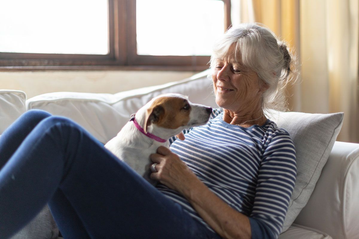 Senior woman playing with pet dog at home