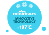 Een blauwe sticker met de tekst minimelts innovatieve technologie -19 graden c