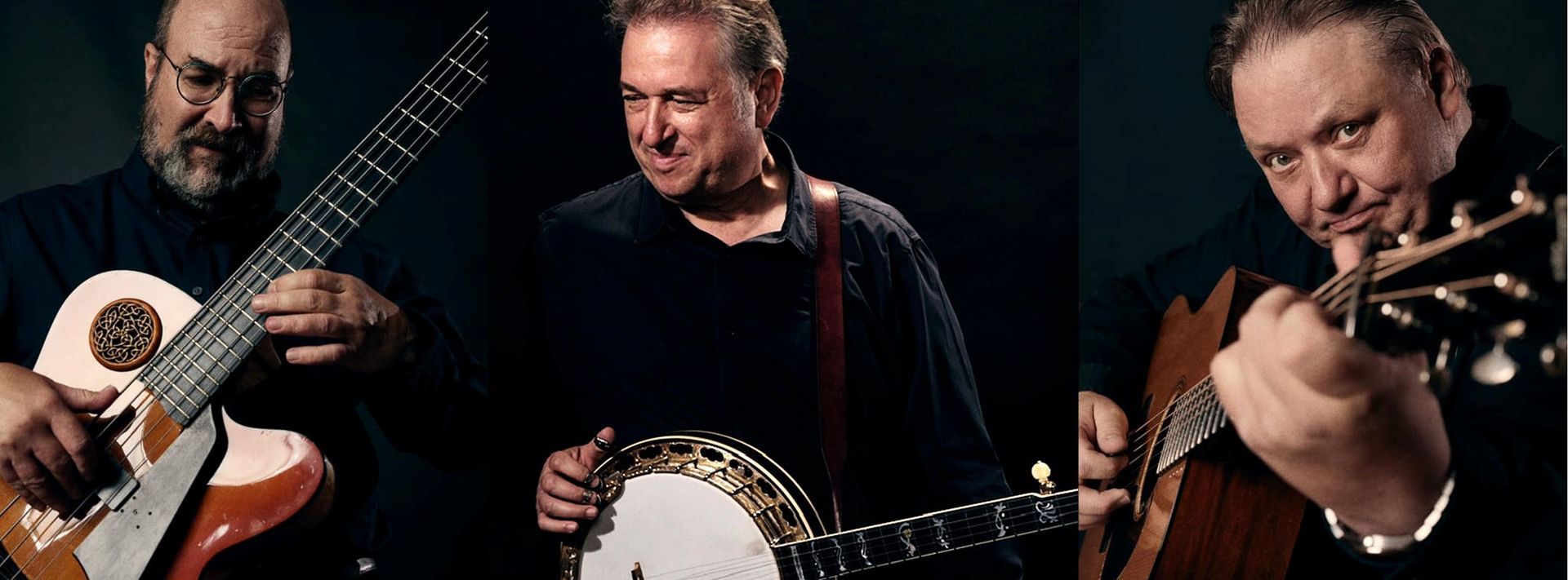 Three men are playing guitars and banjos in a band.