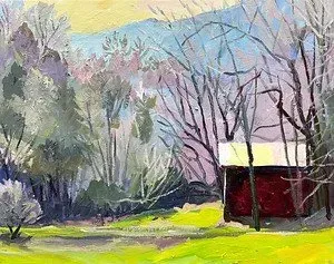 A painting of a red barn in the middle of a field surrounded by trees.