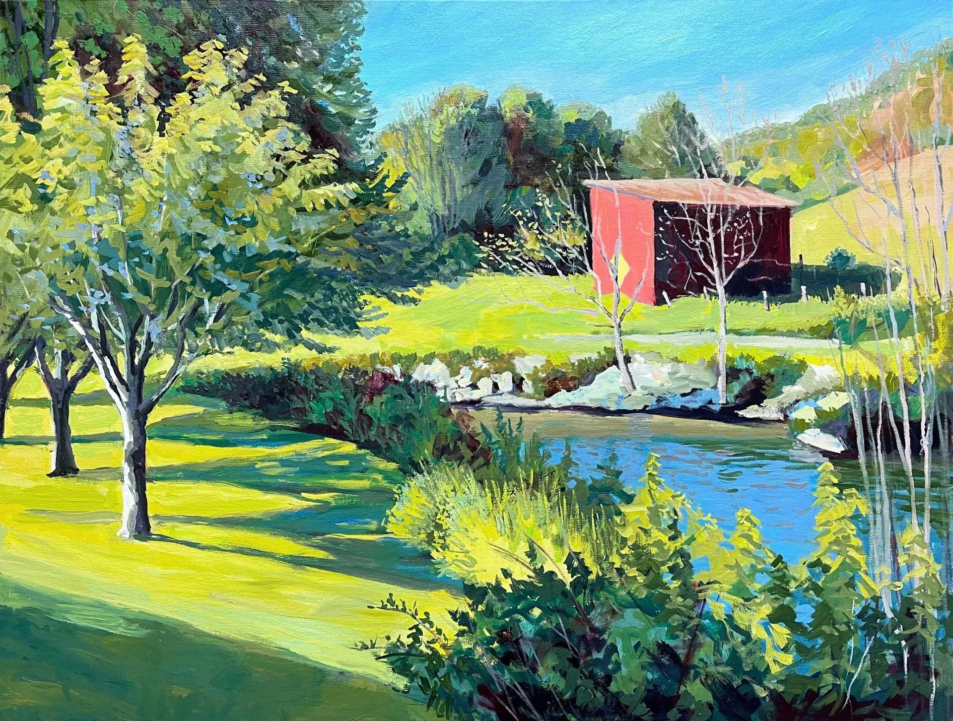 A painting of a red barn surrounded by trees and a pond