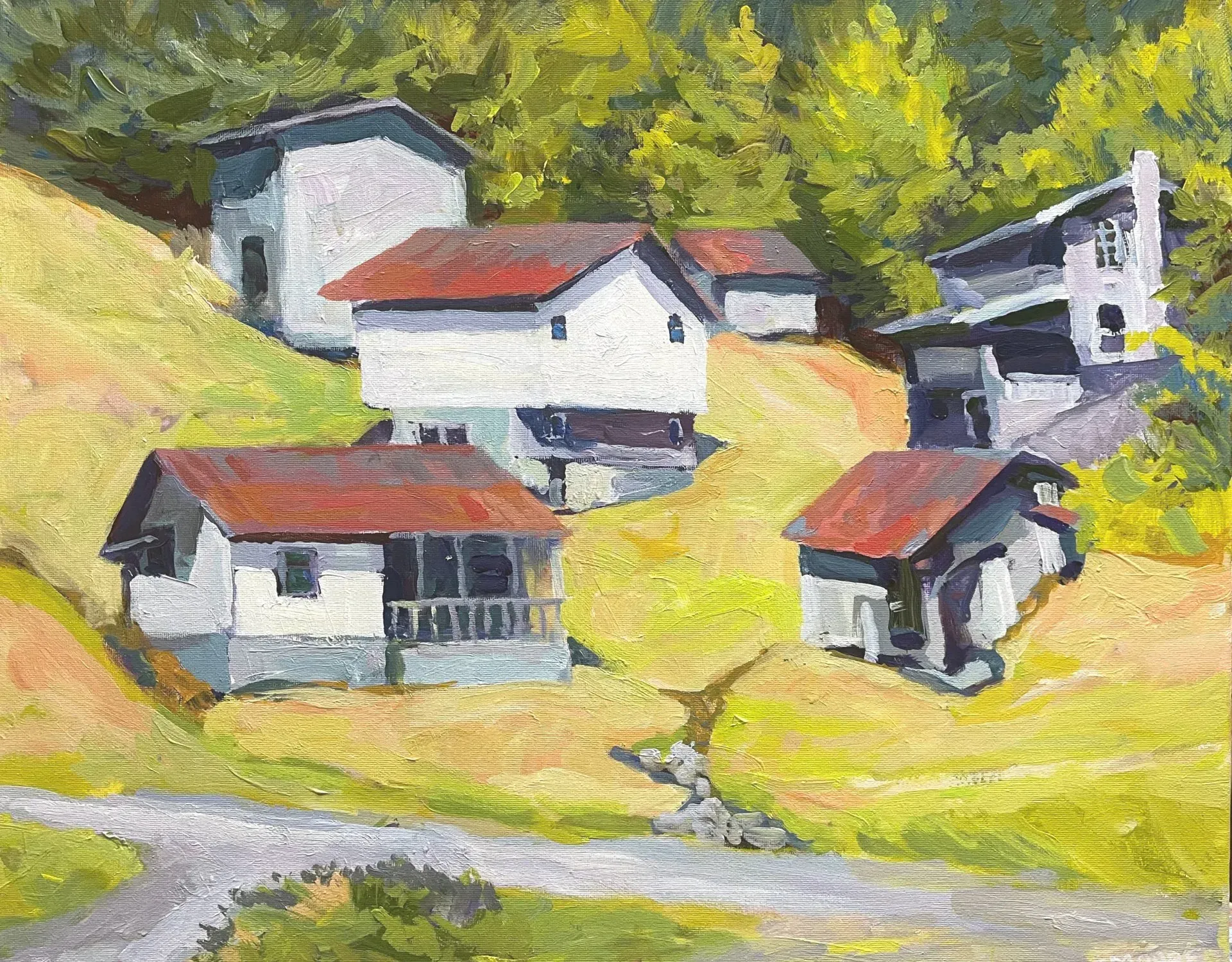 A painting of a group of houses with red roofs