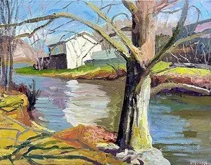 A painting of a river with a tree and a house in the background.