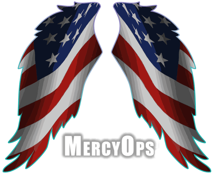 A pair of american flag wings with the words mercyops below them