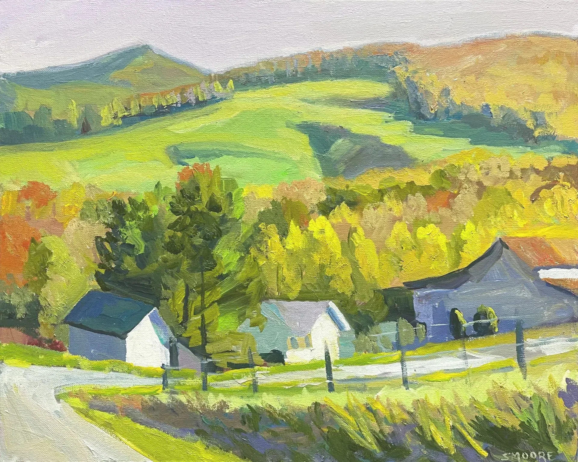 A painting of a landscape with houses and trees