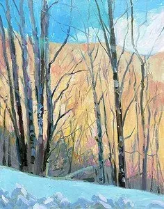 A painting of a snowy forest with trees without leaves
