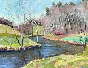 A painting of a river surrounded by trees and grass