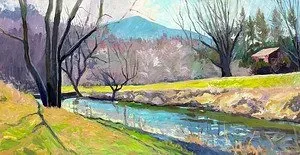 A painting of a river running through a field with trees and mountains in the background.